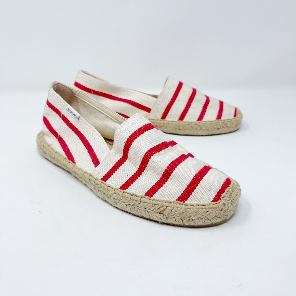 Soludos Womens 6 Dali Espadrille Flat Cream Red Rubber Sole Recycled Cotton Jute